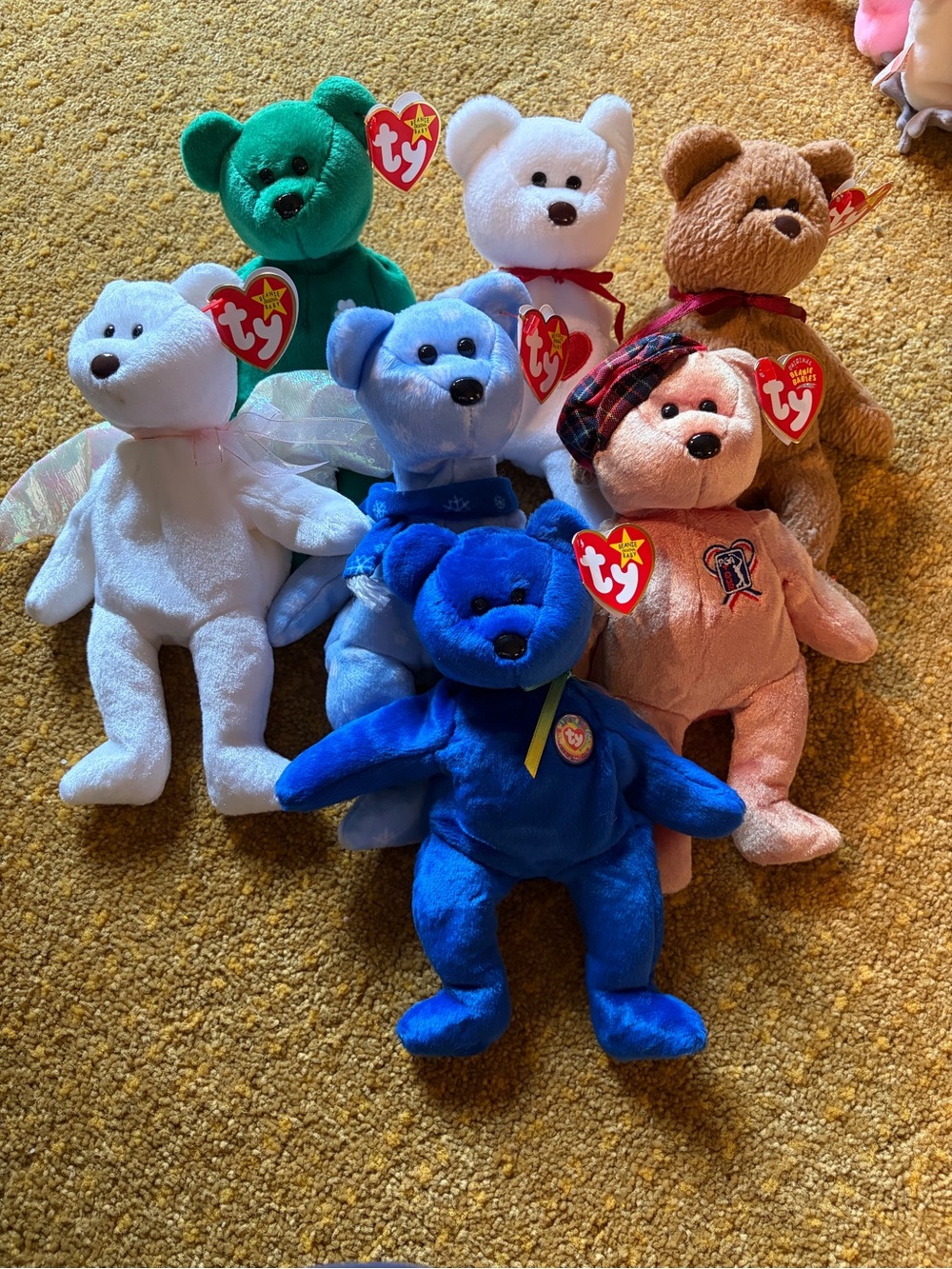 Ty Beanie Babies Plush Bears in Blue, White, Green, Brown, Pink